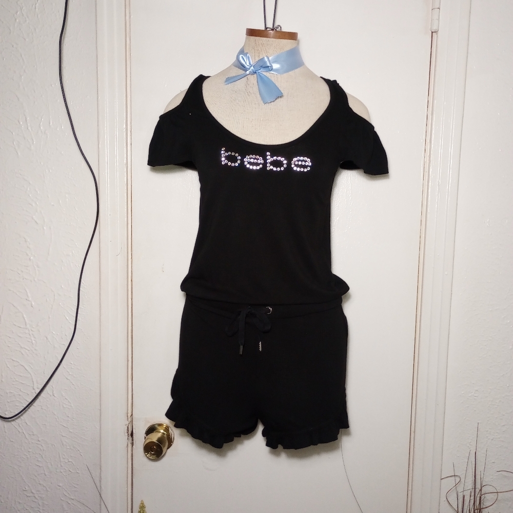 Bebe Black Cold Shoulders Drawstring Waistline Ro… - image 3